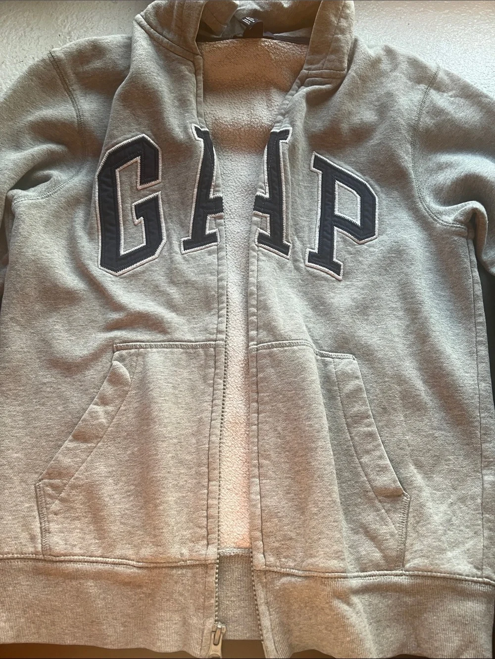 GAP Light Gray Full-Zip Hoodie with Navy Logo